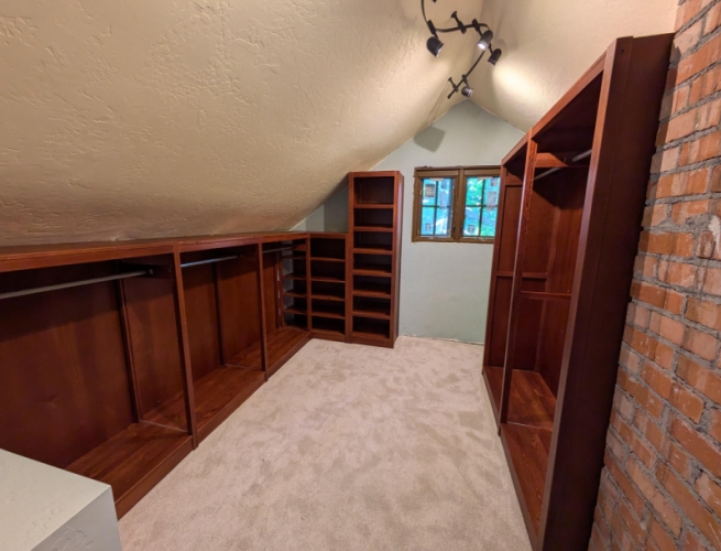 Single wall walk-in wood closet layout