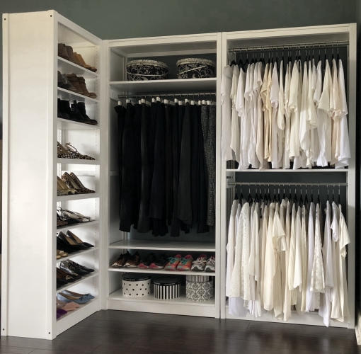 L-shape walk-in wood closet layout